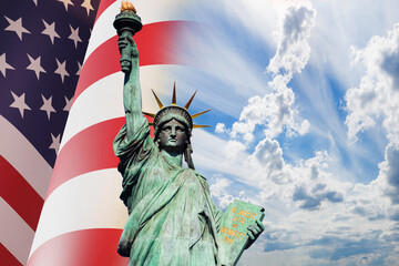 Fototapeta premium Made in USA. Manufacturing of goods in United States of America. Concept buying product in American online stores. Online delivery order from US. Package is labeled Made in America. USA flag on white