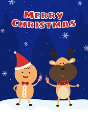 Fototapeta na wymiar Christmas vector illustration. Reindeer and gingerbread man cheers on the snow. 