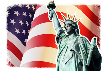 Statue of Liberty on background of American flag. USA Independence Day symbols. Sculpture from New York as symbol of democracy. American state flag in background. USA patriotic banner