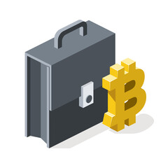 Bitcoin symbol briefcase. Vector 3d line isometric, color web icons, new flat style. Creative design idea for infographics.