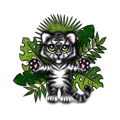Baby white tiger with leaves of tropical trees on a white background