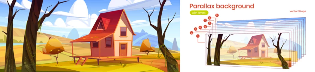Fototapeten Wooden farm house with agriculture fields and garden in autumn. Vector parallax background for 2d animation with cartoon landscape of countryside with small cottage, orange leaves and lake © klyaksun