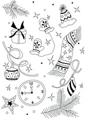 Merry Christmas and Happy New year doodle. Modern hand drawn sketch. Print pattern, wrapping paper. Traditional holiday symbol. Vector coloring illustration. Scarf, gift box, hat, mittens, tree design