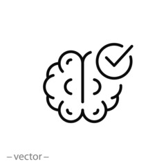 health brain check icon, psychology doctor survey, good mind, knowledge tick, thin line symbol - editable stroke vector illustration