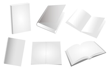 Realistic collection of various blank white 

paper on white background, notebook realistic 

drawing, notebook vector illustration.