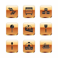 Set Candy, Spoon, Brick stove, Piece of cake, Lollipop, Macaron cookie, and Oven icon. Vector