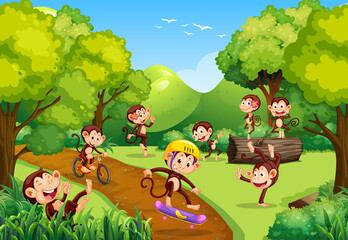 Forest scene with monkeys doing different activities