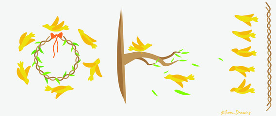 Flat illustration of birds. A set of birds, branches and wreaths. Live illustration, birds are flying. Background picture. Suitable for fabrics, notebooks, covers, design solutions. yellow birds.