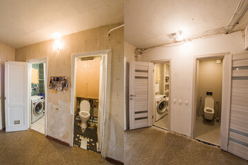 Kyiv (Kiev), Ukraine - June 05, 2021: Before and after comparison of bathroom and toilet...