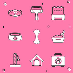 Set Cat nose, Hair brush for dog and cat, Dog shit in bag, Pet food bowl, bone, litter tray with shovel, scratching post and house icon. Vector
