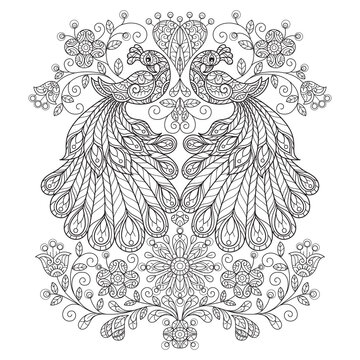 recommend clip art: Peacock and heart. Hand drawn sketch illustration for adult coloring book