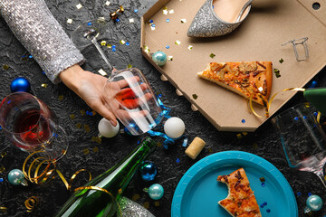 Composition of after party mess on dark background. Christmas celebration