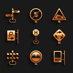 Set Hospital road traffic, No overtaking, Road sign, Roundabout, barrier, Parking, Steep ascent and descent and icon. Vector