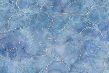 大理石風背景イラスト）水色の波に金色のグリッター　アルコールインク　アート　マーブル　繊細