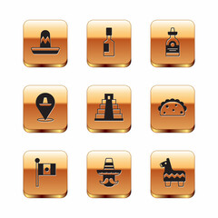 Set Mexican sombrero, Mexico flag, man, Chichen Itza in Mayan, Tequila bottle, Pinata and Tabasco sauce icon. Vector