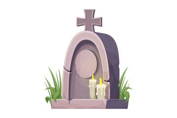 Obraz premium Stone grave, memorial with grass and candles in cartoon style isolated on white background. Funeral, cemetery object. Afterlife monument.