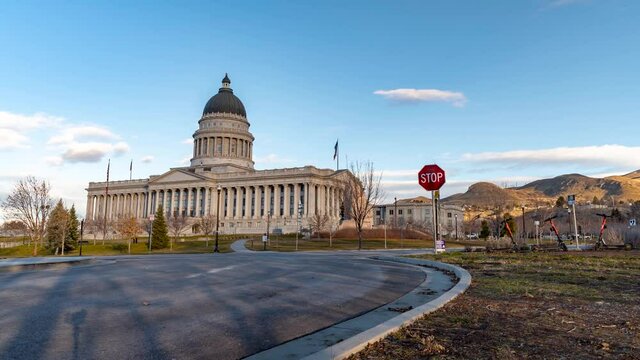 Salt Lake City Capitol Building With Light Morning Traffic On A Clear Winter Day - Time Lapse