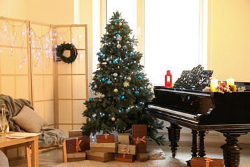 Fototapeta na wymiar Interior of living room with grand piano, Christmas tree and folding screen