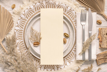 Boho Wedding Table place with Blank card on plate near pampas grass