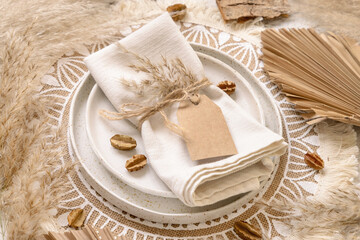 Wedding Table place with Blank gift tag and bohemian decorations