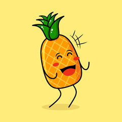 cute pineapple character with happy expression, close eyes and mouth open. green and yellow. suitable for emoticon, logo, mascot