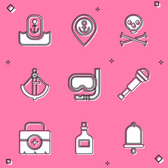 Set Location with anchor, Skull crossbones, Anchor, Diving mask and snorkel, Spyglass telescope lens, First aid kit and Rum bottle icon. Vector