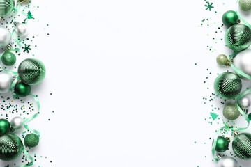 Beautiful Christmas composition with balls and ribbons on white background