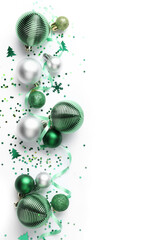 Beautiful Christmas composition with balls and ribbon on white background