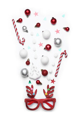 Beautiful Christmas composition with balls and eyeglasses on white background