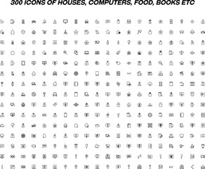 Big set of 300 icons drawn with thin line. Editable strokes in moder flat style. Vector line icons of computers, houses, food, items on hand etc 