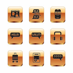 Set Foreign language online study, Suitcase, Exam sheet with A plus grade, Salut different languages, Hola, Speech bubbles Question and chat icon. Vector