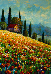 Original oil painting of Field of red poppies with houses and cypress trees,Old beautiful house on a sunny flower mountain on canvas. Modern Impressionism.Summer floral landscape artwork.