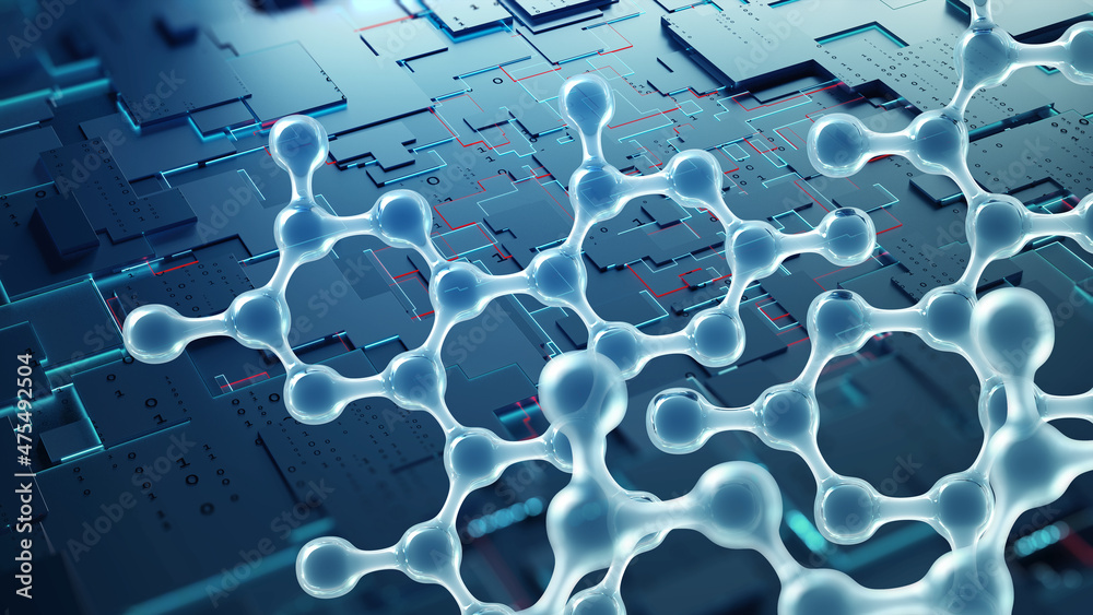 Poster Molecular technology 3D illustration. Computer circuit, nano structure, cyber research. Laboratory testing, virtual experience