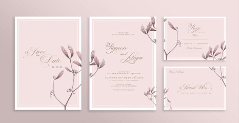 Fototapeta na wymiar Wedding Invitation Set with Save the Date, RSVP, Thank You Card. Vintage Wedding invitation template with Beige Flower