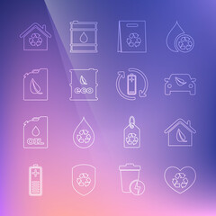 Set line Eco friendly heart, house, car drive with leaf, Shopping bag recycle, Bio fuel barrel, canister, House recycling and Battery icon. Vector