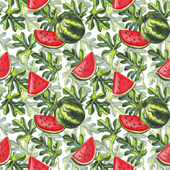 Watermelons pattern. Watercolor illustration. Hand drawn