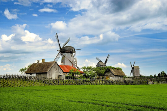 Wooden windmills, typical for estonian pre-war countryside. Angla, Saaremaa island, Estonia, Europe.