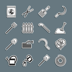 Set line Garden hose or fire hose, Tree, Shovel in the ground, fork, fence, pitchfork, Fertilizer bag and saw icon. Vector