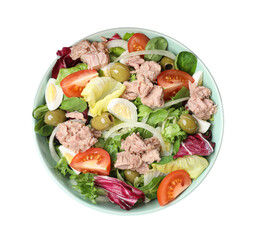 Bowl of delicious salad with canned tuna and vegetables on white background, top view