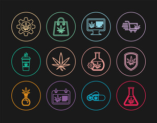 Set line Test tube with marijuana, Shield and, Online buying, Marijuana or cannabis leaf, Cup coffee, and Shopping bag icon. Vector
