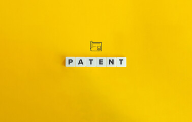 Patent banner and conceptual image. Block letters on bright orange background. Minimal aesthetics. - obrazy, fototapety, plakaty
