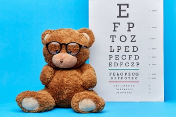 vision, health and childhood concept - brown teddy bear in glasses with eye chart over blue...