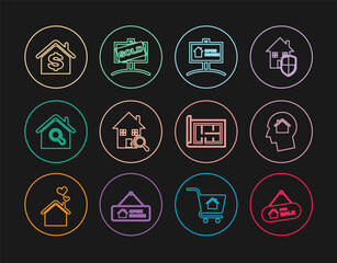 Set line Hanging sign with For Sale, Man dreaming about buying house, Open, Search, House dollar, plan and Sold icon. Vector