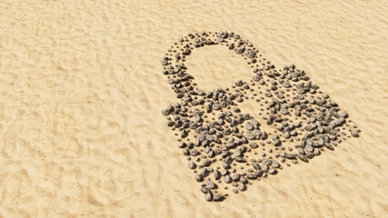 Concept or conceptual stones on beach sand handmade symbol shape, golden sandy background, padlock...