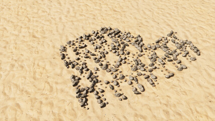 Concept or conceptual stones on beach sand handmade symbol shape, golden sandy background, colloseum icon. 3d illustration metaphor for travel, history and culture, tourism and vacation