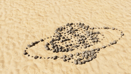 Concept conceptual stones on beach sand handmade symbol shape, golden sandy background, internet icon. 3d illustration metaphor for communication, technology, network, connection, travel and business