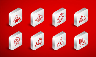 Set line Tourist tent, Head flashlight, Rafting boat, with flag, Swiss army knife, Wooden axe and wood, Thermos container and Canteen water bottle icon. Vector