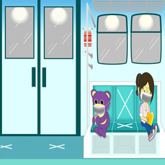 Mr.Purple bear with friend sit on the subway by the social distancing way
