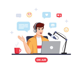 Podcaster talking to microphone recording podcast in studio. Vector flat style illustration. Podcast concept