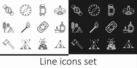 Set line Tourist tent with flag, Thermos container, Burning match fire, Compass, Rafting boat and icon. Vector